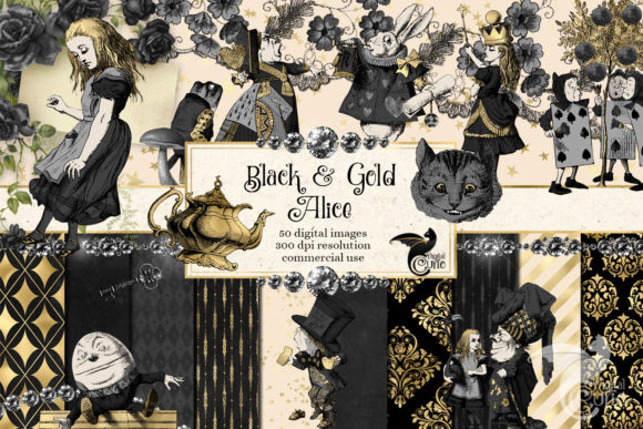 Black and Gold Alice Wonderland Graphics: A Design Kit Review