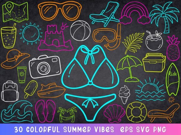 Colorful Summer Clipart Neon Beach SVG