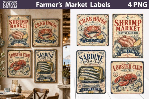 Vintage Seafood Market Labels: Nautical Charm for Modern Projects