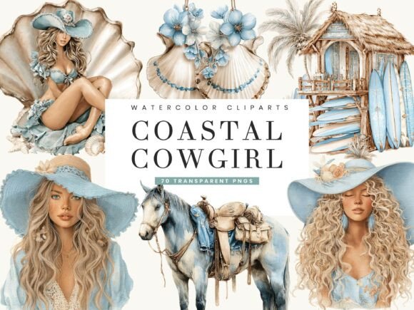 Watercolor Coastal Cowgirl Clipart: Merging Western Charm with Beach Aesthetics