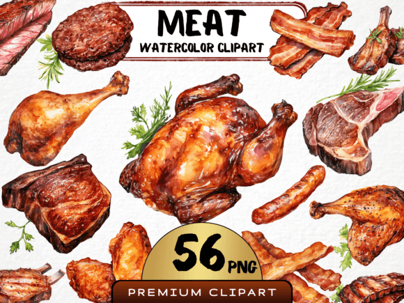 Watercolor Meat Clipart Bundle 56 PNG: A Feast for Your Designs