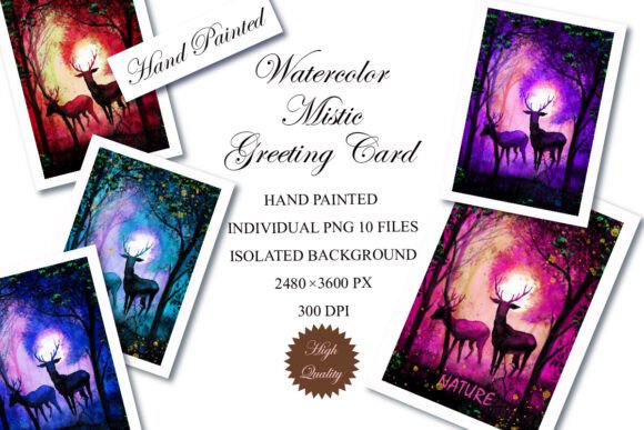 Wtercolor Mistic Greeting Card: 10 Hand-Drawn JPEG Designs